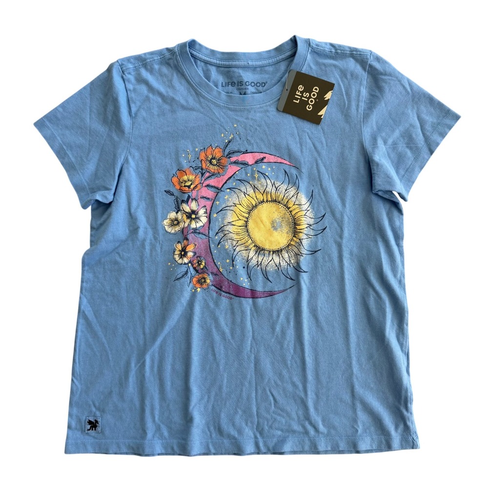 NWT Life is Good Women's Crusher Tee Medium Blue Sun Moon Floral Graphic T-Shirt